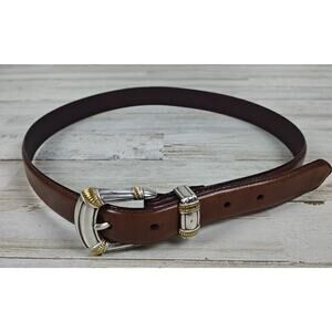 FOSSIL Brown Genuine Leather Belt Size M With Silver And Gold Toned Hardware